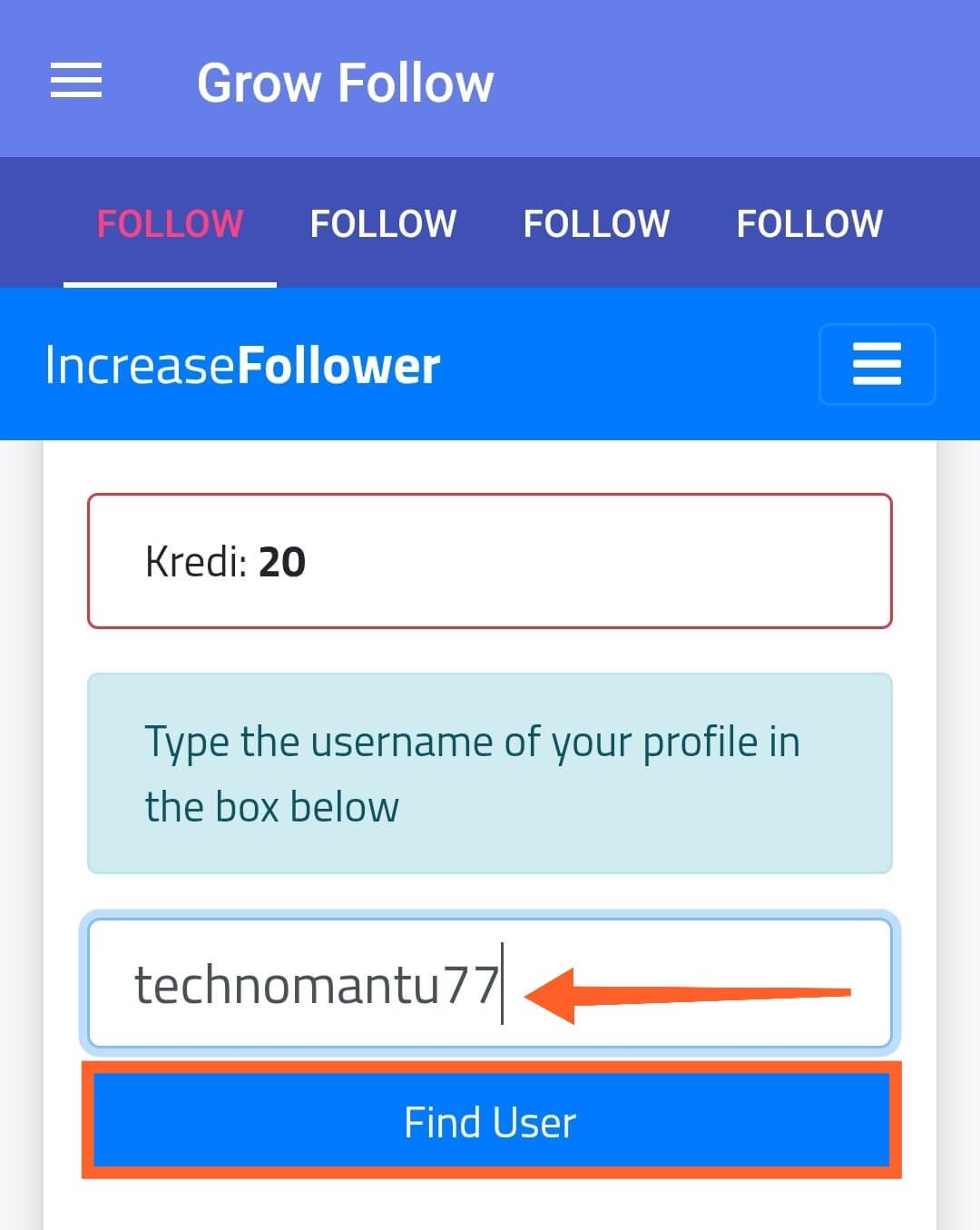 Enter Main Account Username in GrowFollow